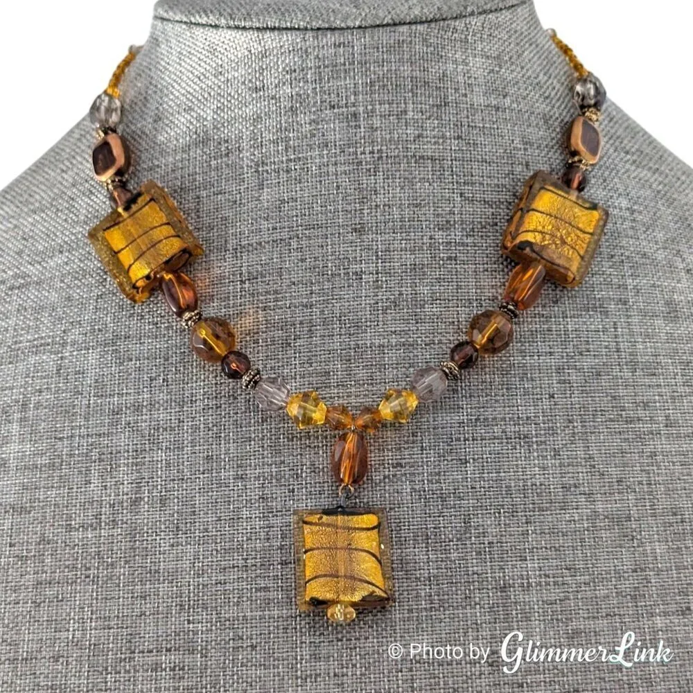 Bohemian Amber Colored Glass Y Style Beaded Necklace
